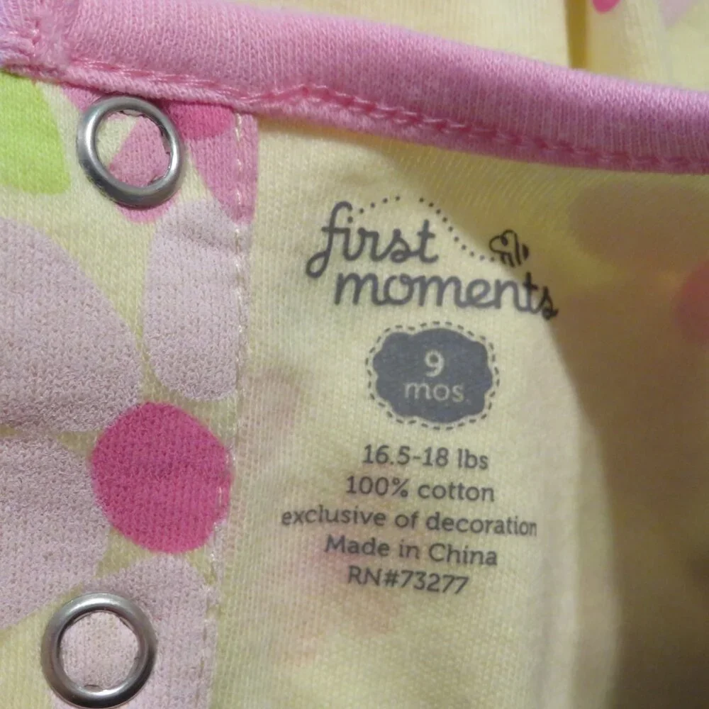Baby Yellow & Pink Floral Bodysuit w ruffled cap sleeves 100% cotton embroidered